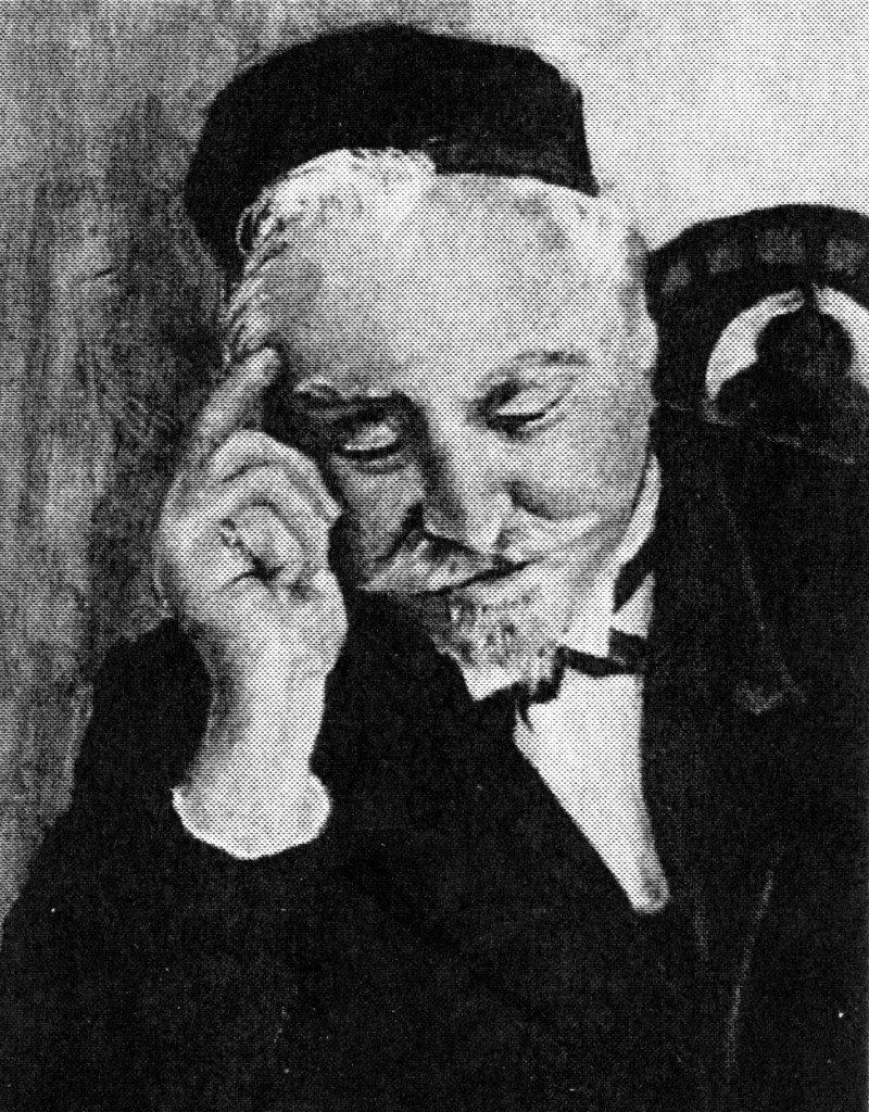 A black and white portrait of an elderly man with a mustache, dressed in formal attire, appearing thoughtful as he rests his hand on his head.